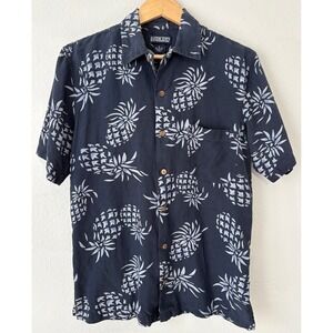 Vintage Lands End Mens Silk Linen Pineapple Print Shirt Navy Blue Aloha Resort S